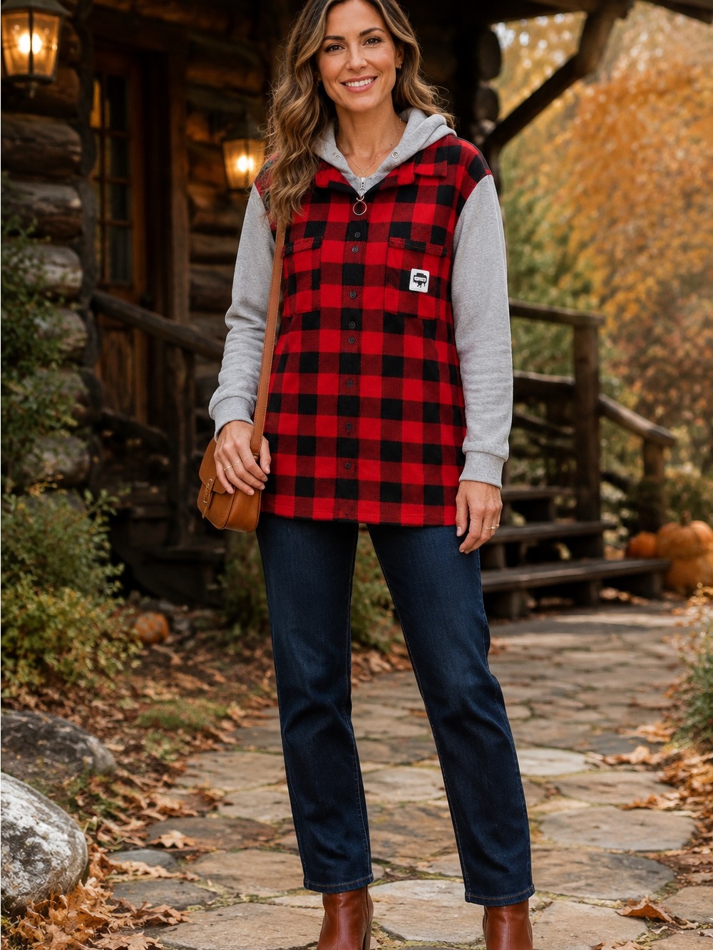 Buffalo Outdoors Women’s Red Plaid Hooded Mixed Media Shirt Jacket Cabin core